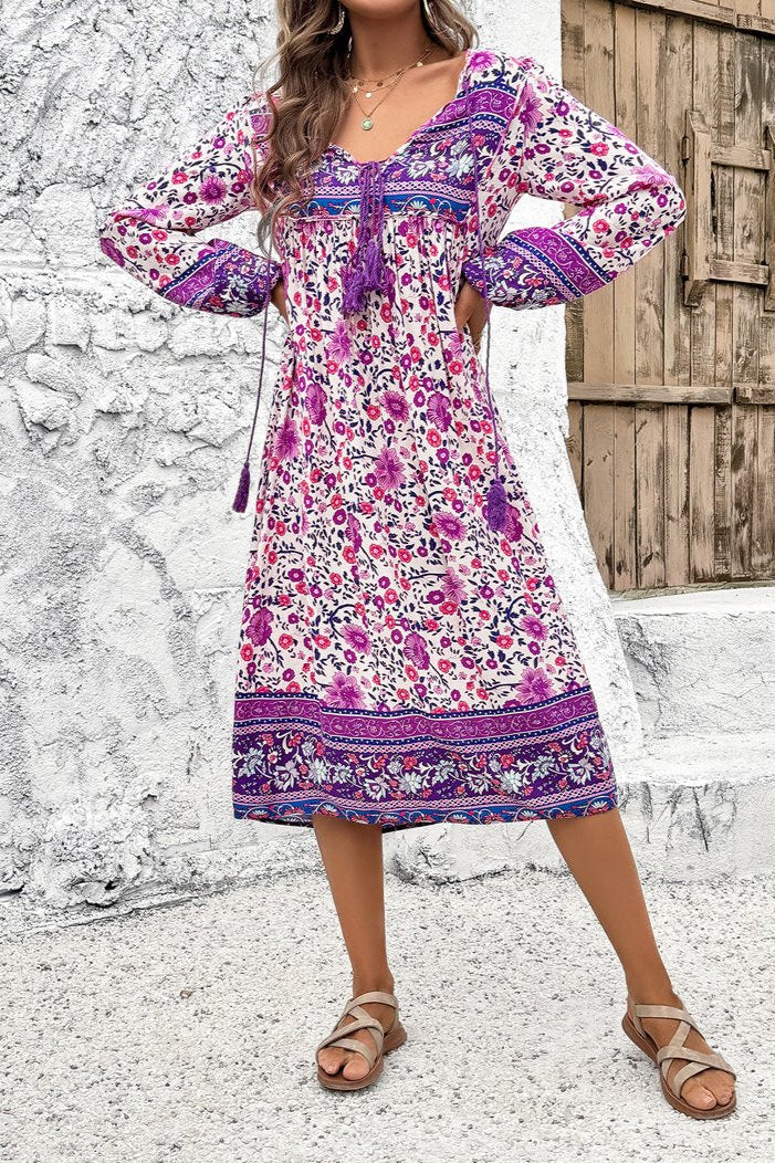 Stylish Floral Long Lantern Sleeve Midi Dress