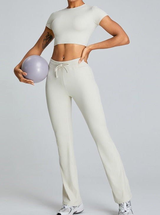 White Slit-Flared Butt-Lifting Drawstring Fitness Pants