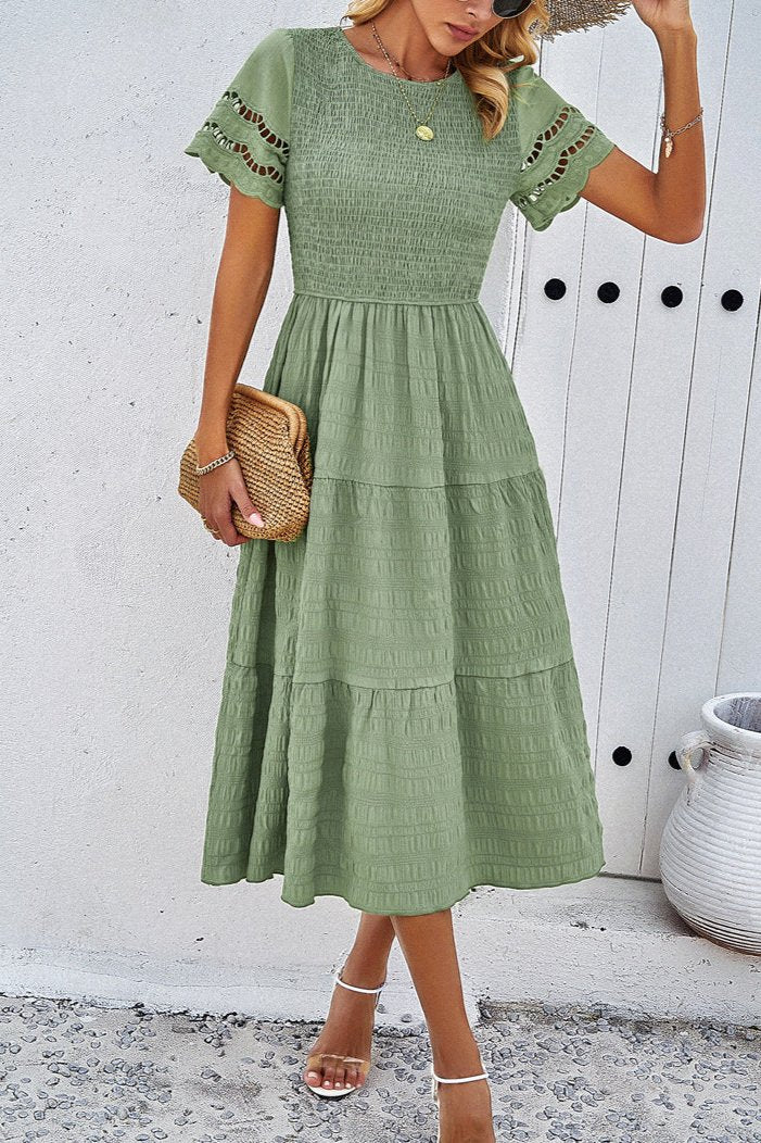 Green Casual Solid Crochet Lace Sleeve A-Line Midi Dress