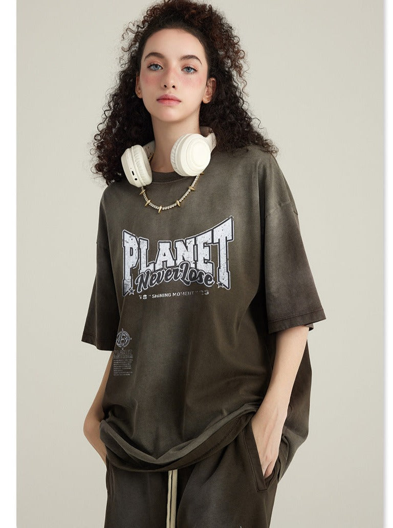 Camicia oversize con stampa pianeta basic grigio primaverile 