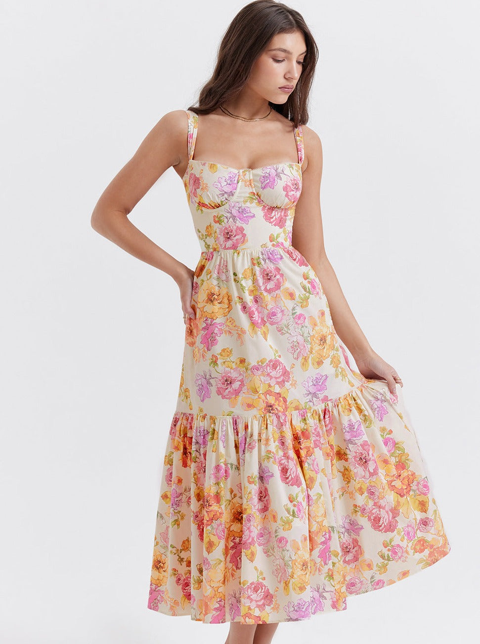 Floral Printed Pleated Bustier Dress