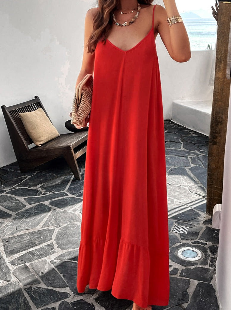 Red Casual Solid Color Suspender Maxi Dress