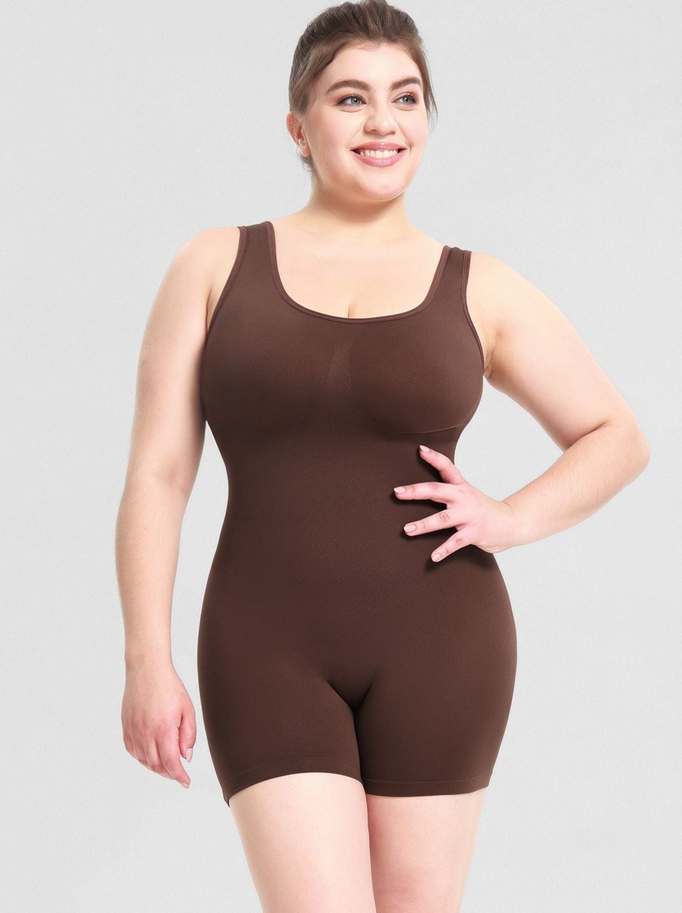 Brown Plus Size Tummy Control Romper Bodysuit