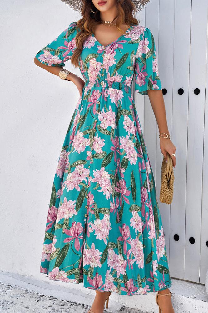 Chic Summer Floral V-Neck Side Slit Midi Dress