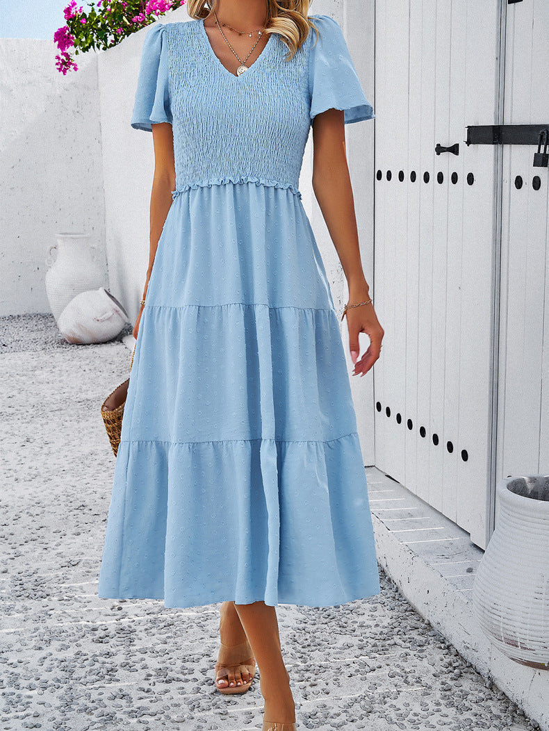 Blue Temperament V-Neck Short-Sleeved Dress