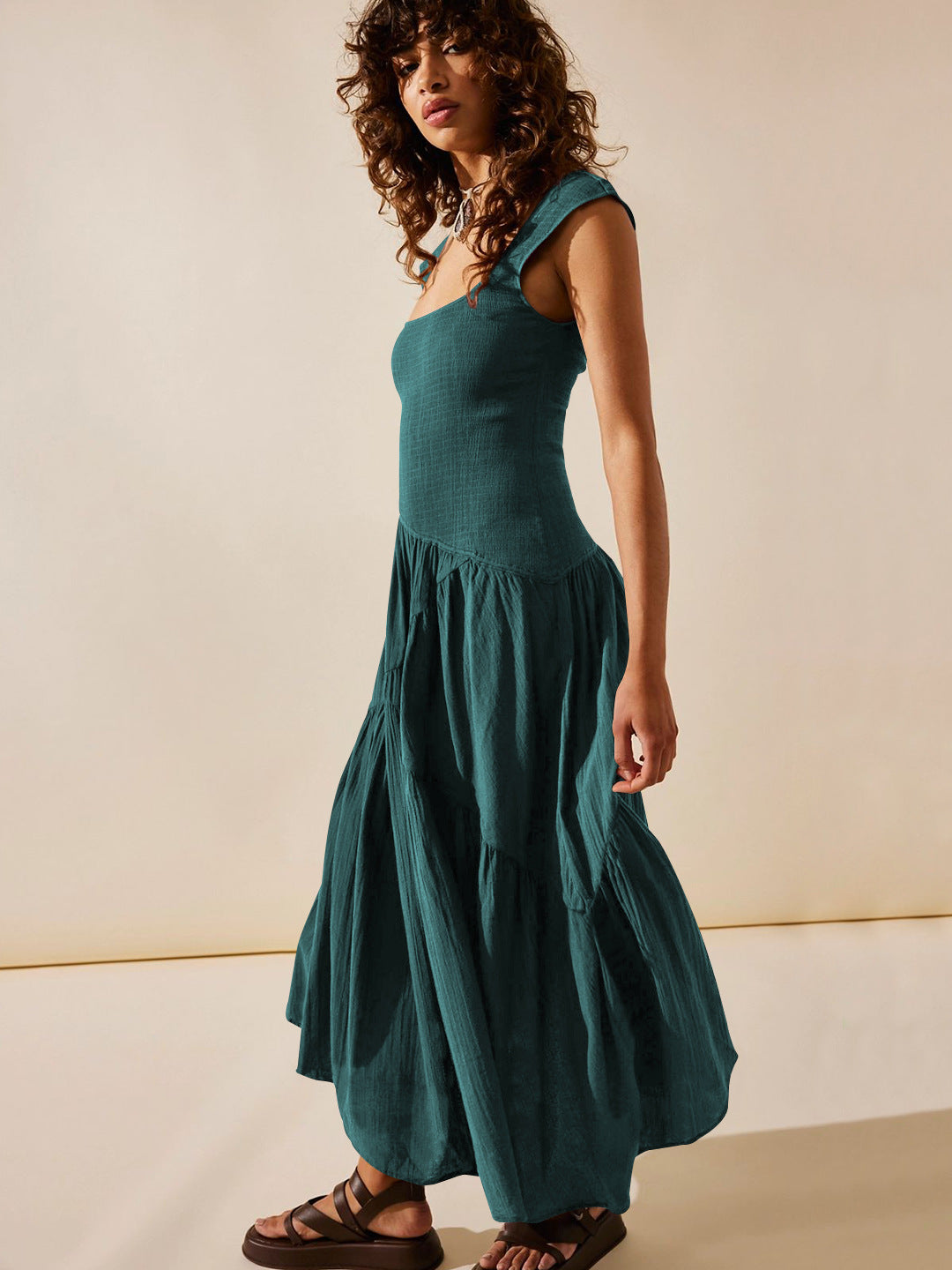 Teal Square Neck Pleated Sleeveless Waist Dress