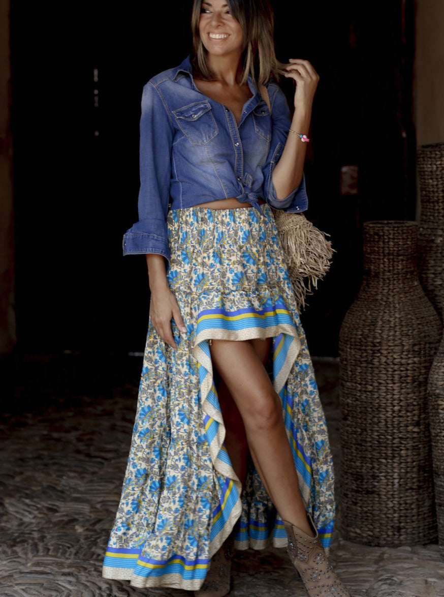 Blue Asymmetrical Bohemian Printed Skirt
