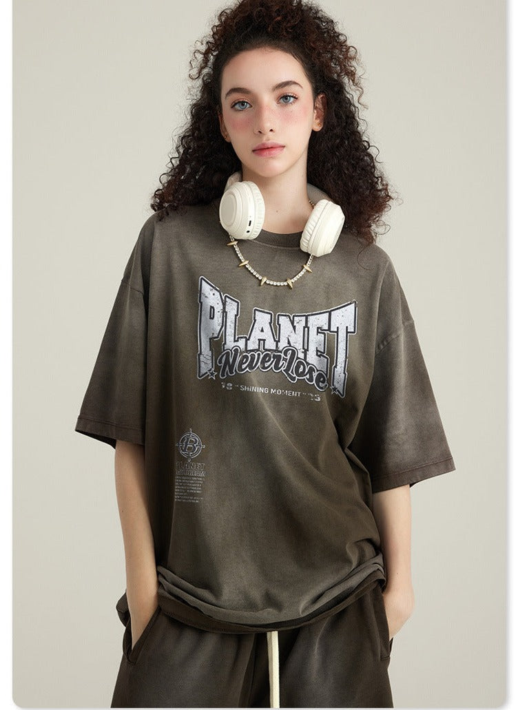 Frühlingsgraues Oversize-Hemd mit Basic Planet-Print 