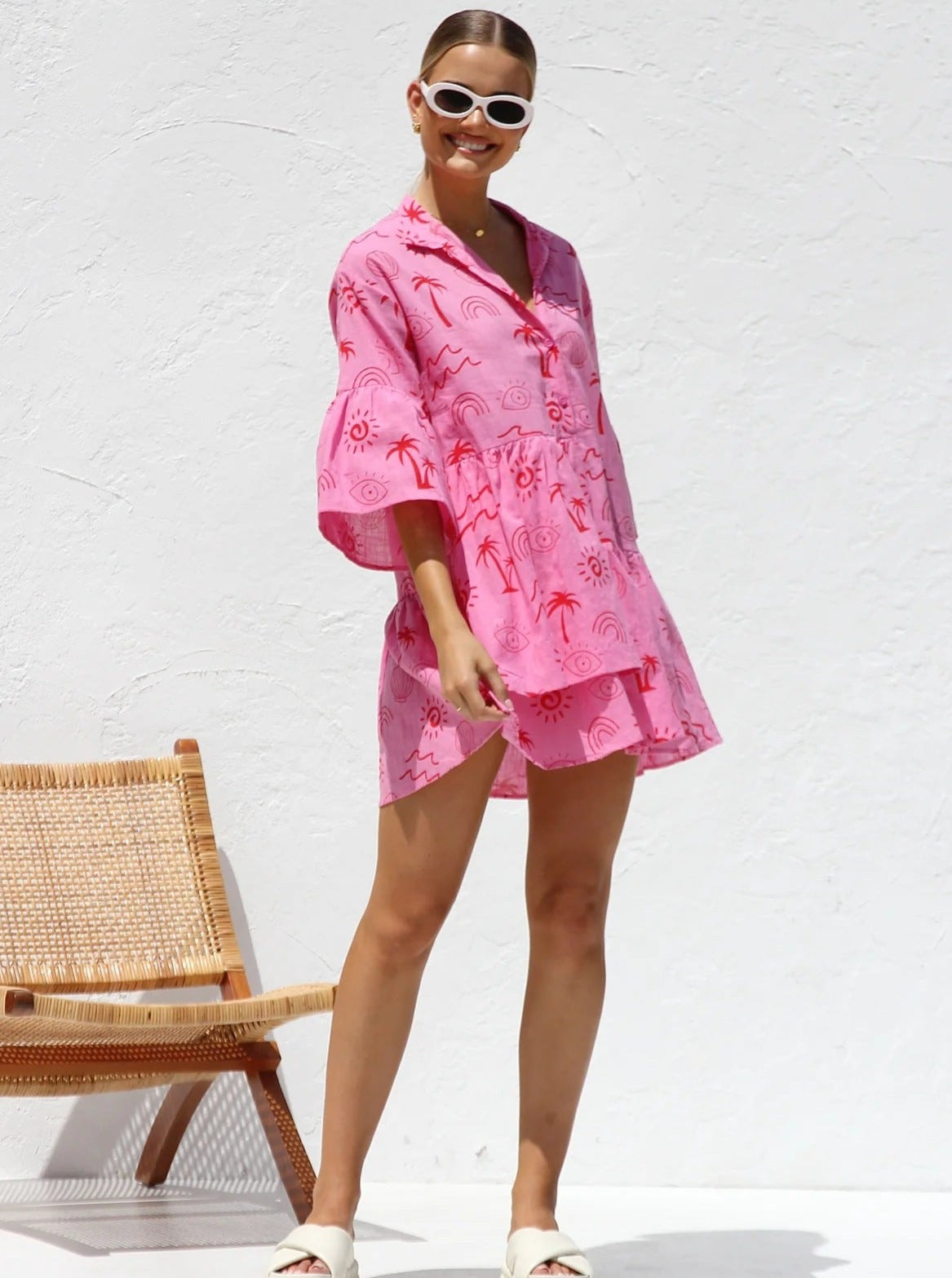 Simple Pink Ethnic Style Loose Shirt Short Dress