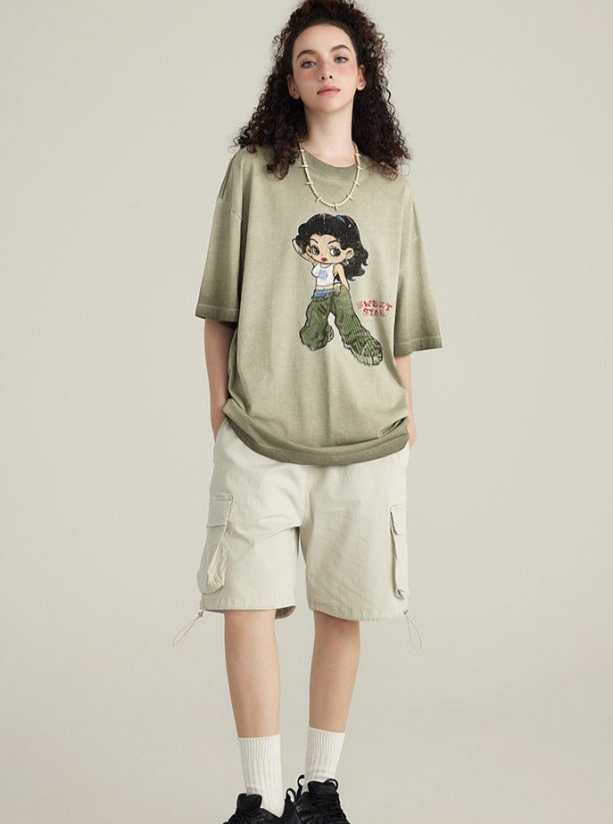Khaki Ombre Casual Cartoon Girl Printed Shirt