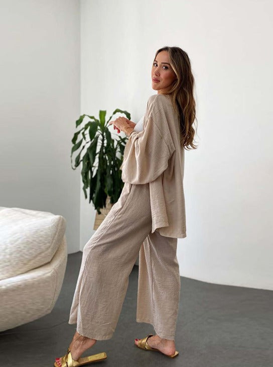 Simple Cardigan Long-Sleeved Top Pocket Wide-Leg Trousers Set