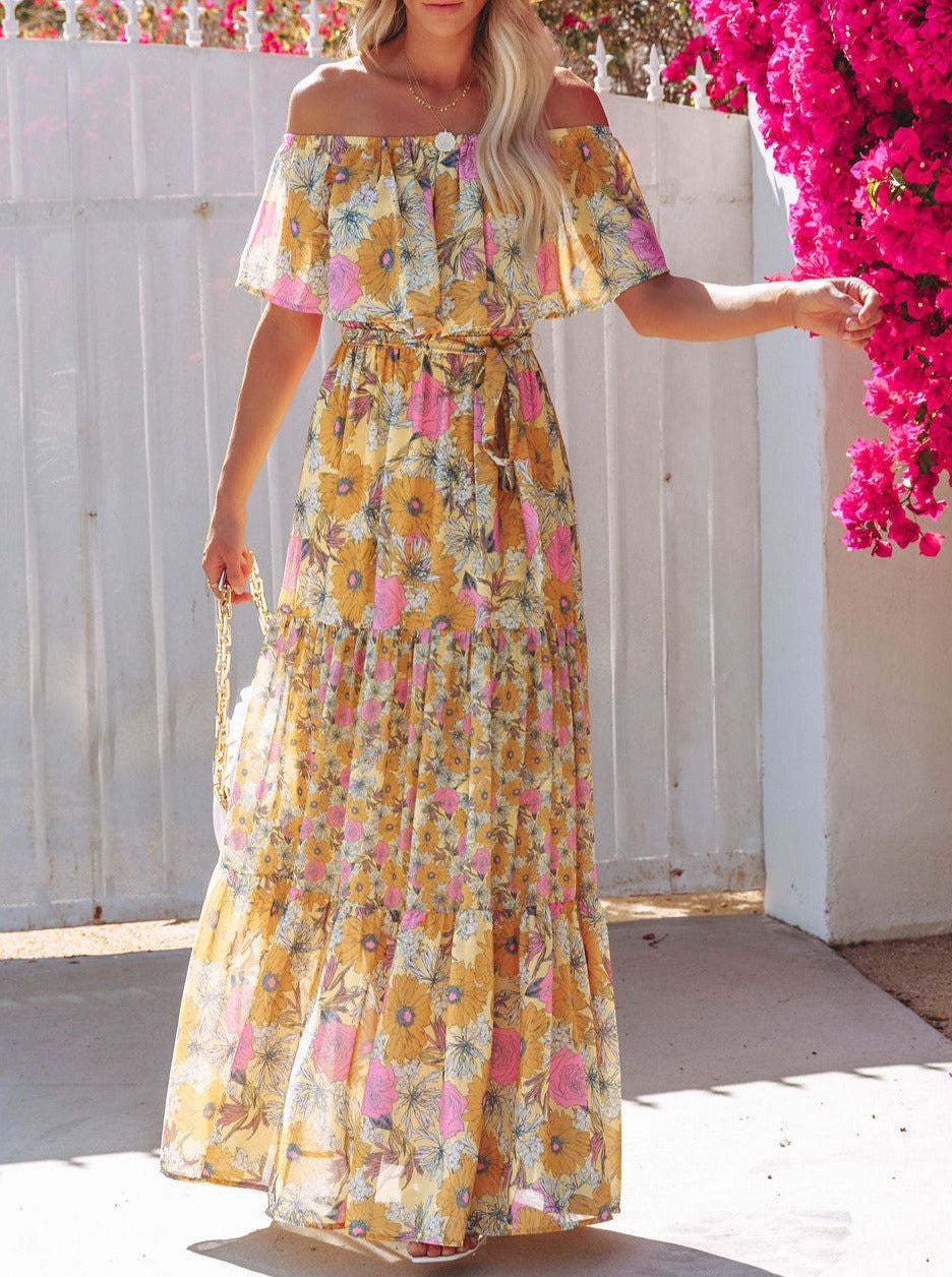 Yellow Floral Retro Printed Off Shoulder Maxi Dress