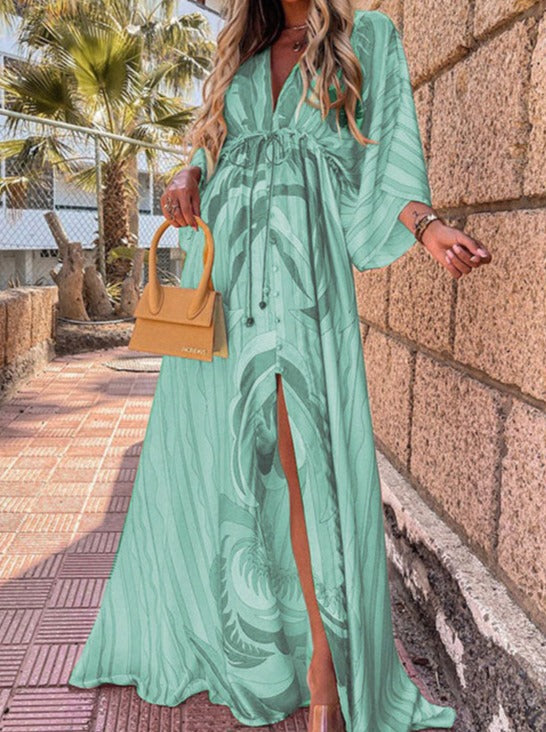 Green Printed V-Neck Lace-up Long Dress