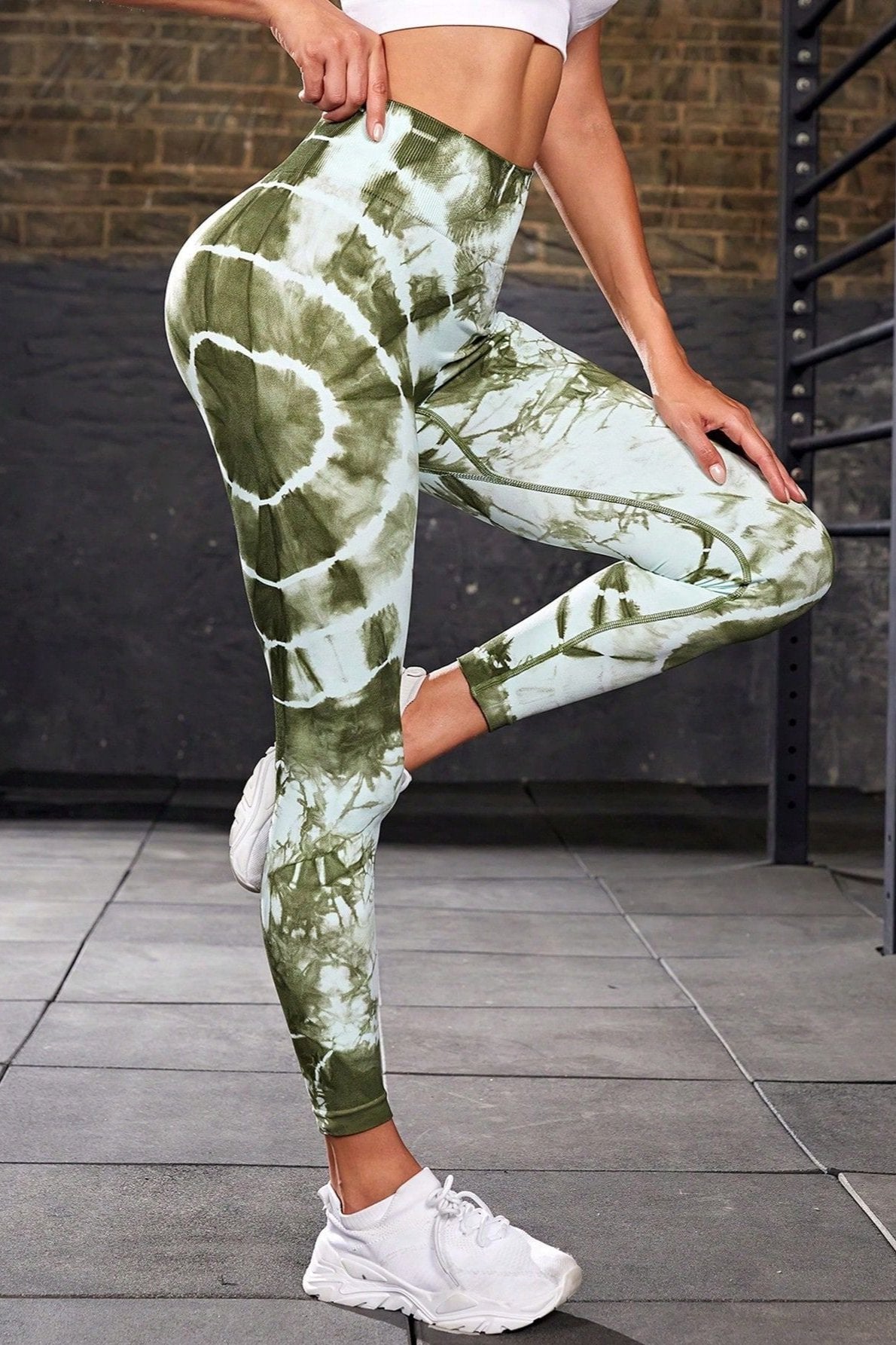 Groene naadloze tie-dye yogabroek met hoge taille 