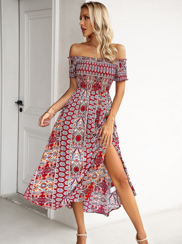 Red Off Shoulder Bohemian Printed Dress