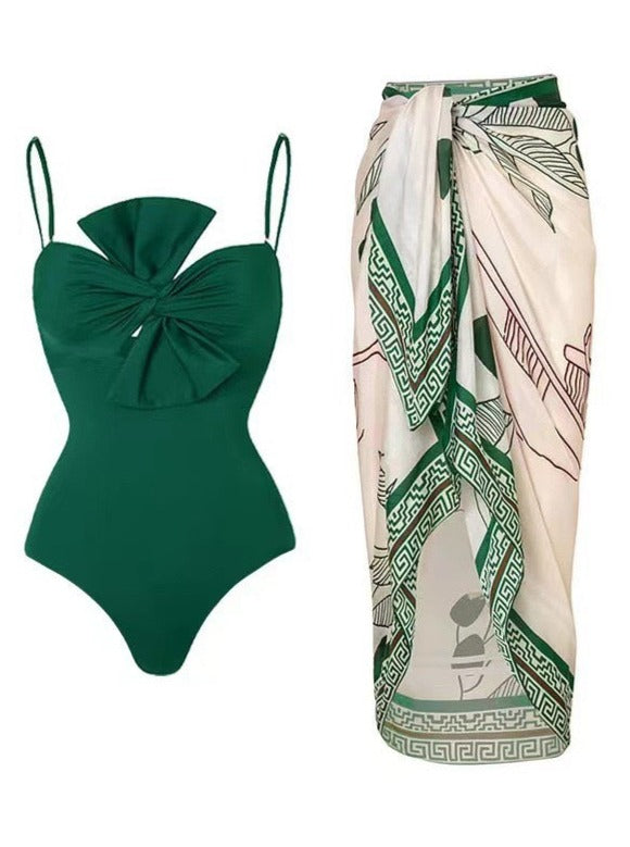 Zweiteiliger Badeanzug für Damen mit Schleife und Rock mit tropischem Muster 