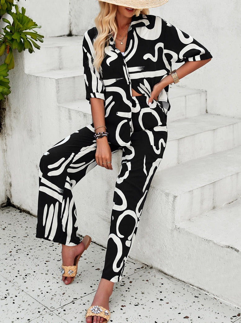 Casual Black Overall Printed Loose Button Down Shirt and Pants Set