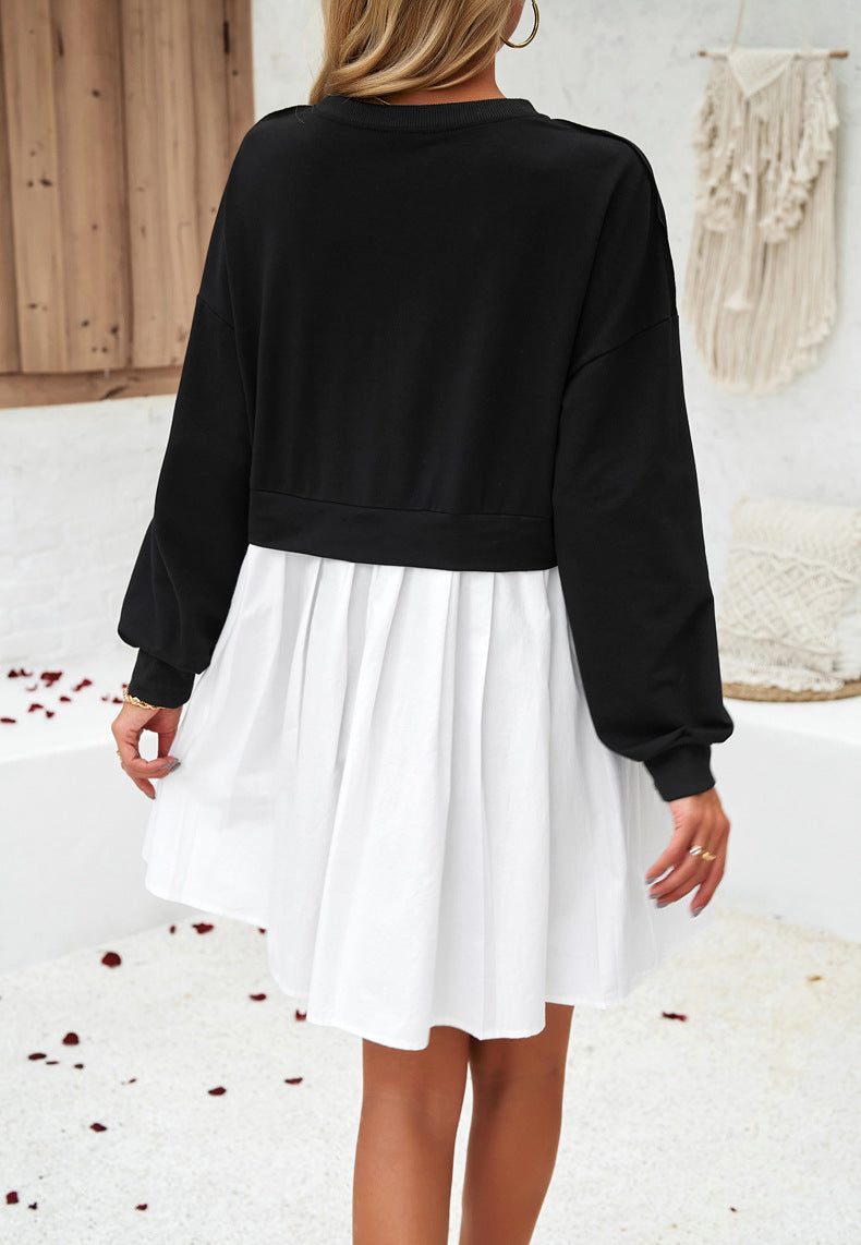 Round Neck Long Sleeve Pleated Dress