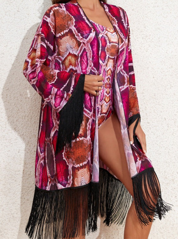 Pink Snakeskin Printed Swimsuit and Tassel Cover-Up