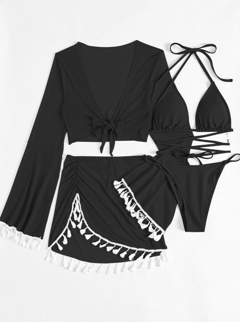Long Sleeve Tassel Design Plain Colored Bikini