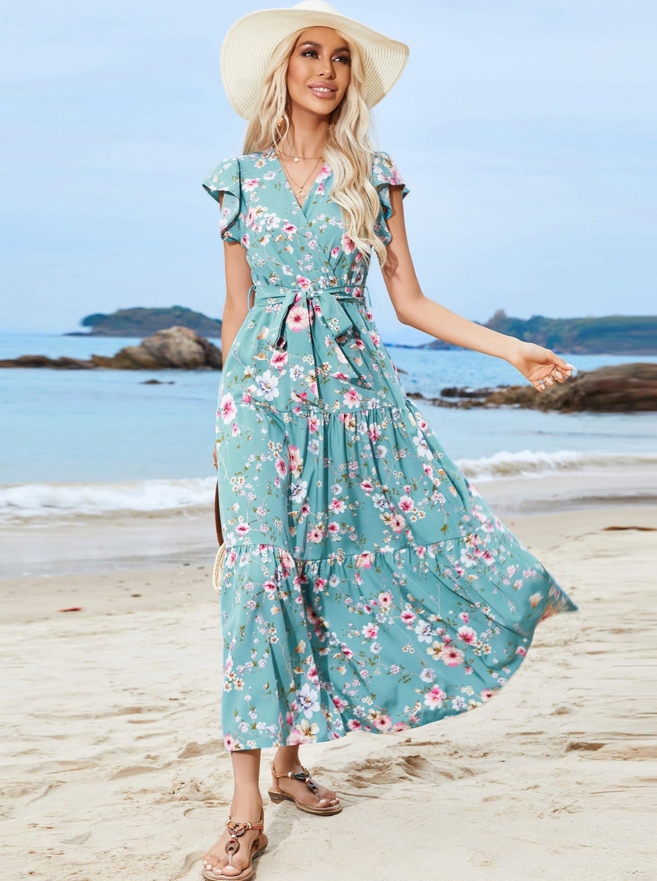 Sweet Floral Wrap Up Style V Neck Ruffles Sleeve Maxi Dress With Belt