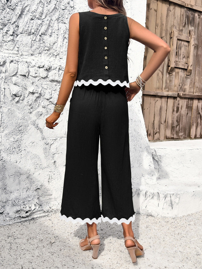 Black Casual Laced Sleeveless and Wide Leg Pants