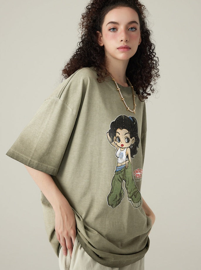 Khakifarbenes, lässiges Hemd mit Ombré-Muster und Cartoon-Mädchen-Aufdruck 