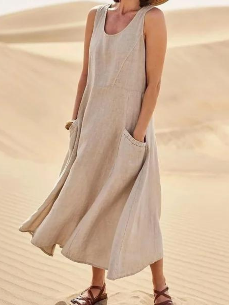 Sleeveless Linen Smock Dress With Pockets