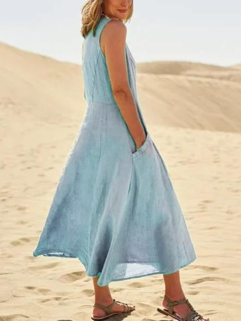 Sleeveless Linen Smock Dress With Pockets