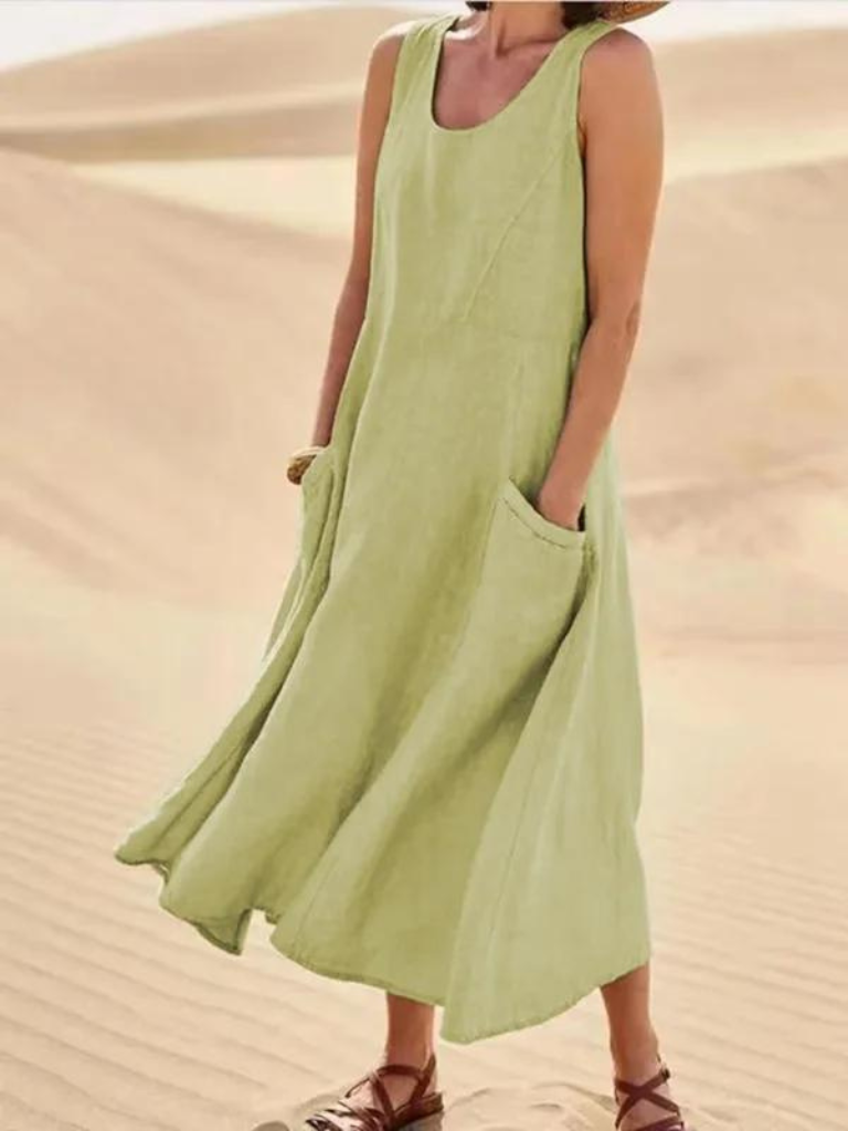 Sleeveless Linen Smock Dress With Pockets