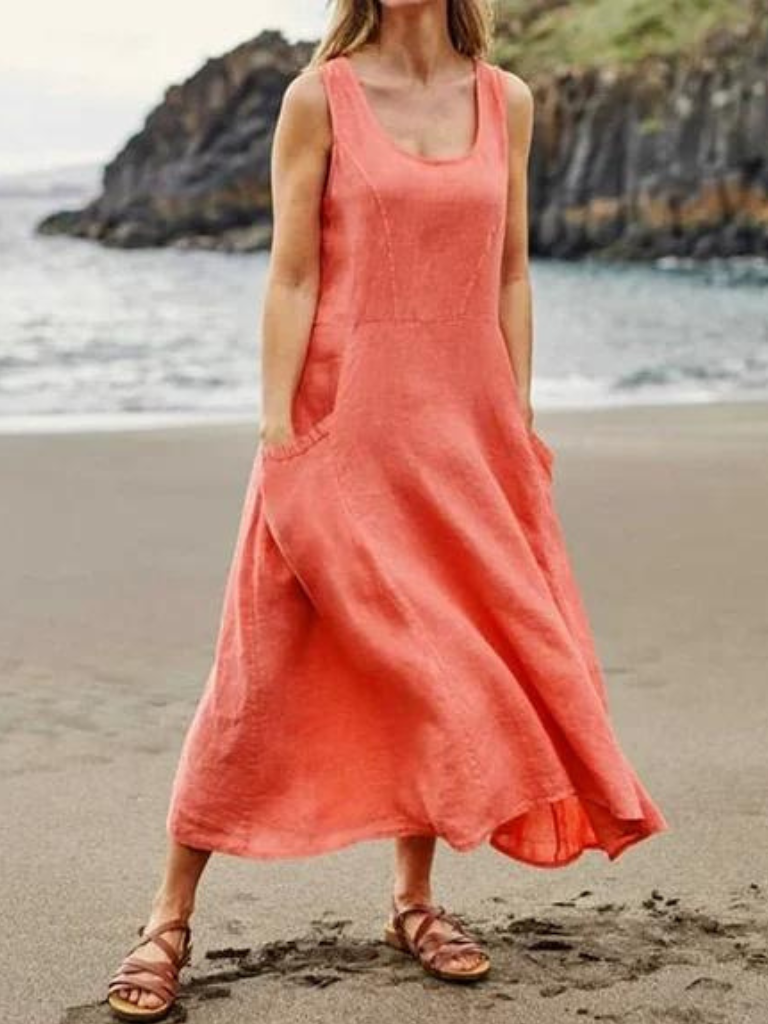 Sleeveless Linen Smock Dress With Pockets