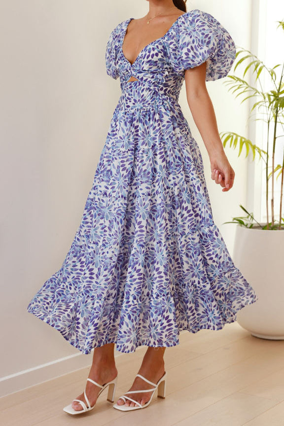 Midi-jurk met bloemenpofmouwen in blauw en wit