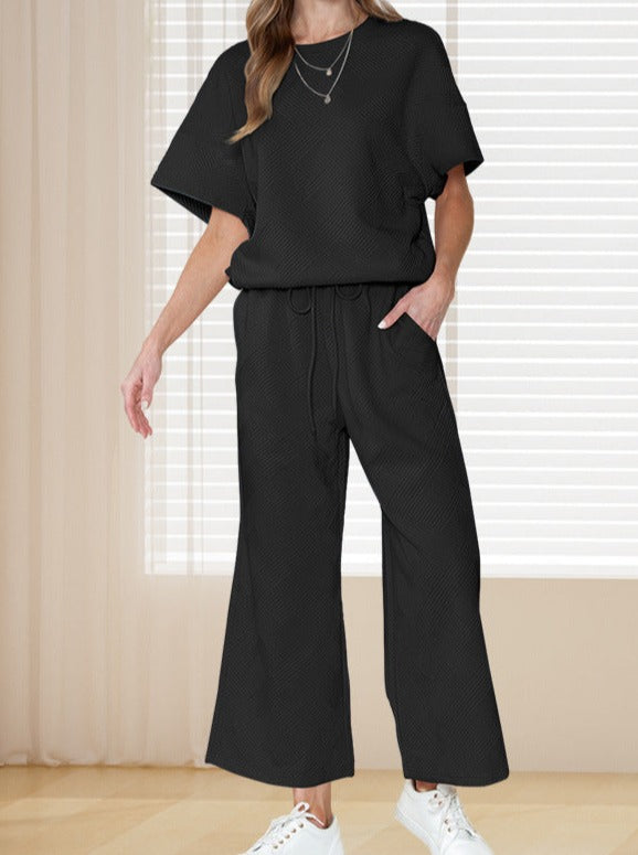 Double Take Full Size Texture Short Sleeve Top Pants Set