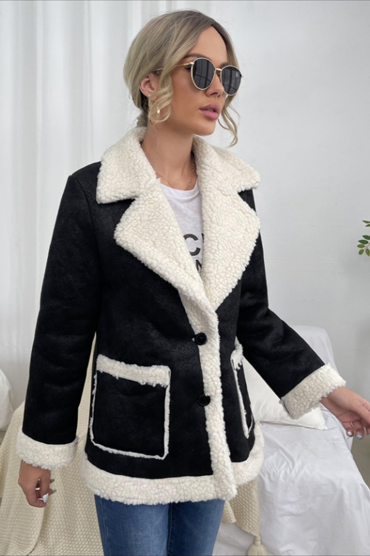 Blazer tendance en fausse peau de mouton noir et blanc