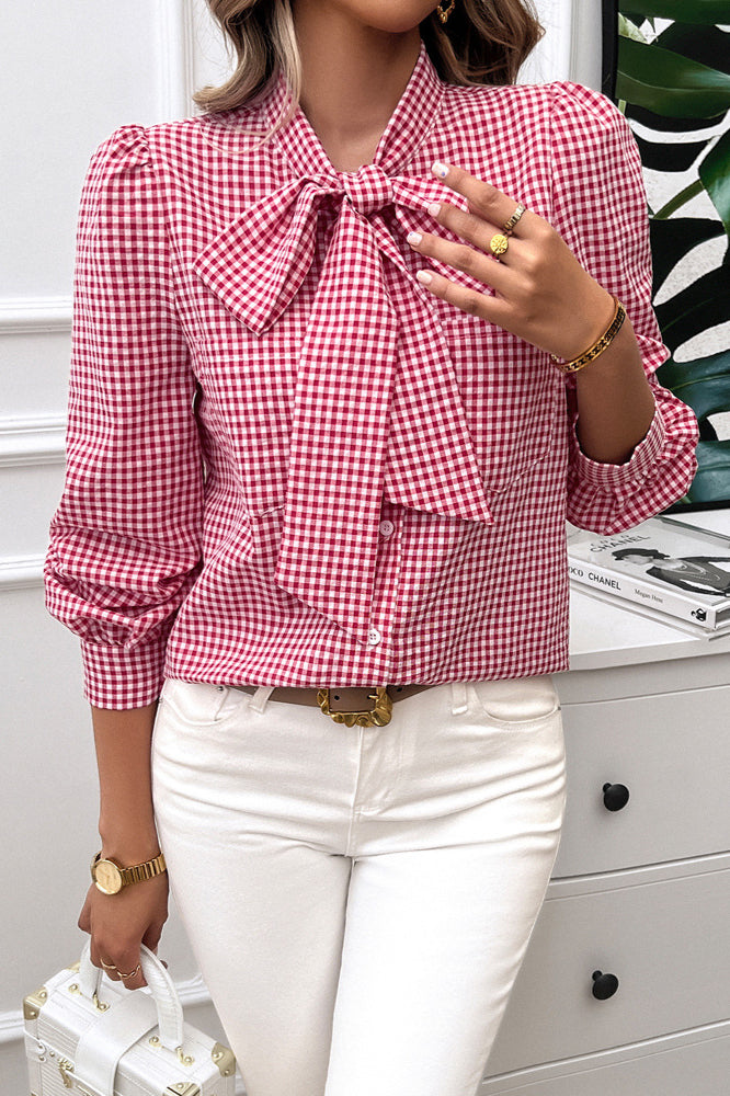 Gingham Blouse met Strikkraag